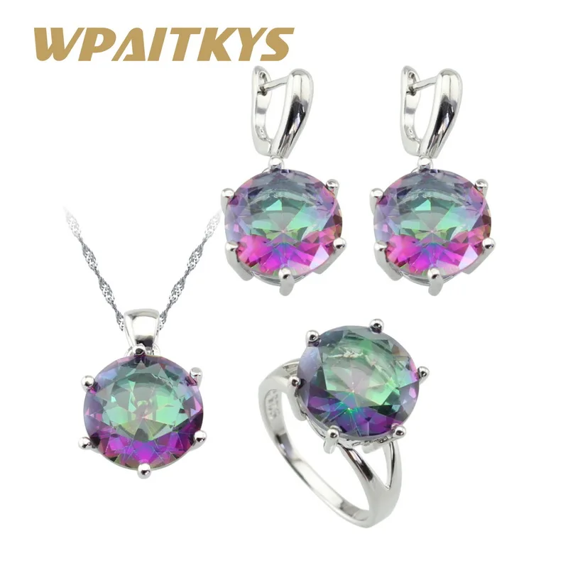 

Multicolor Rainbow Huge Round CZ Silver Color Jewelry Sets For Women Drop Earrings/Necklace/Pendant/Ring Free Gift Box