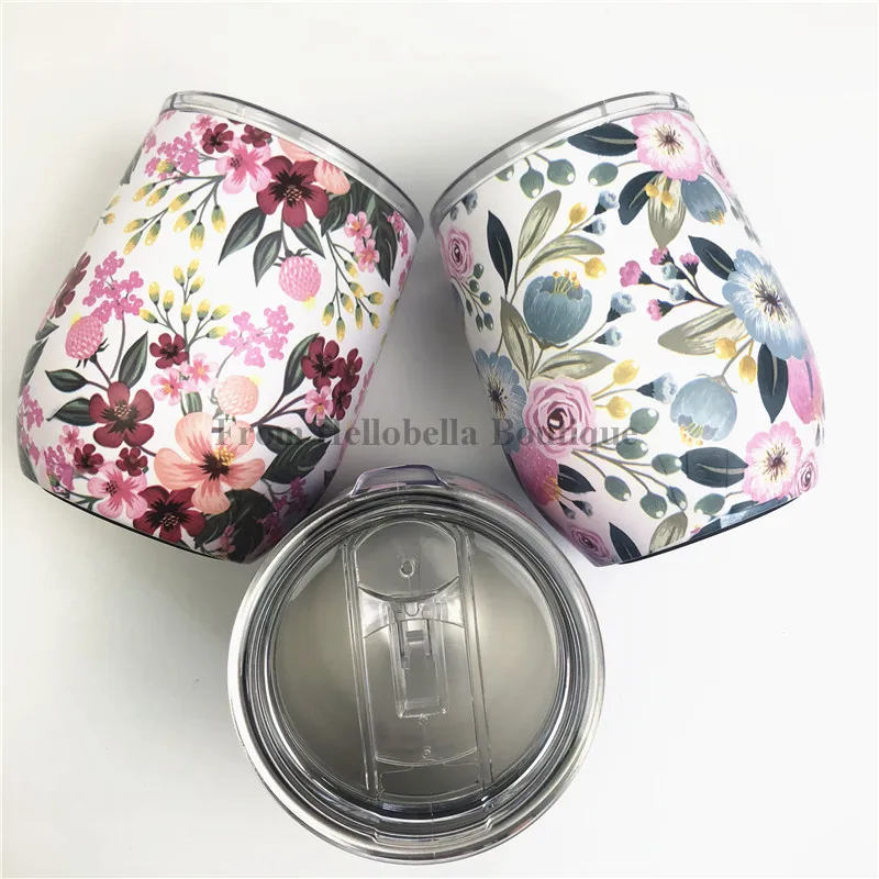 

20pcs 12 Oz Double Insulated Stemless Floral Glass Stainless Steel Tumbler Cup Egg Vacuum Tumbler Flower Big Belly Wine Mug