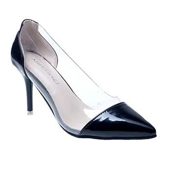 

2019 Latest Fashion Women THIN High Heels Luxury Brand Exclusive Leather and PVC Pointed Toe Pumps Dress Shoes 8CM size