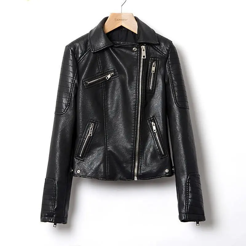 Black PU leather jacket women Long sleeve faux leather jacket womenin