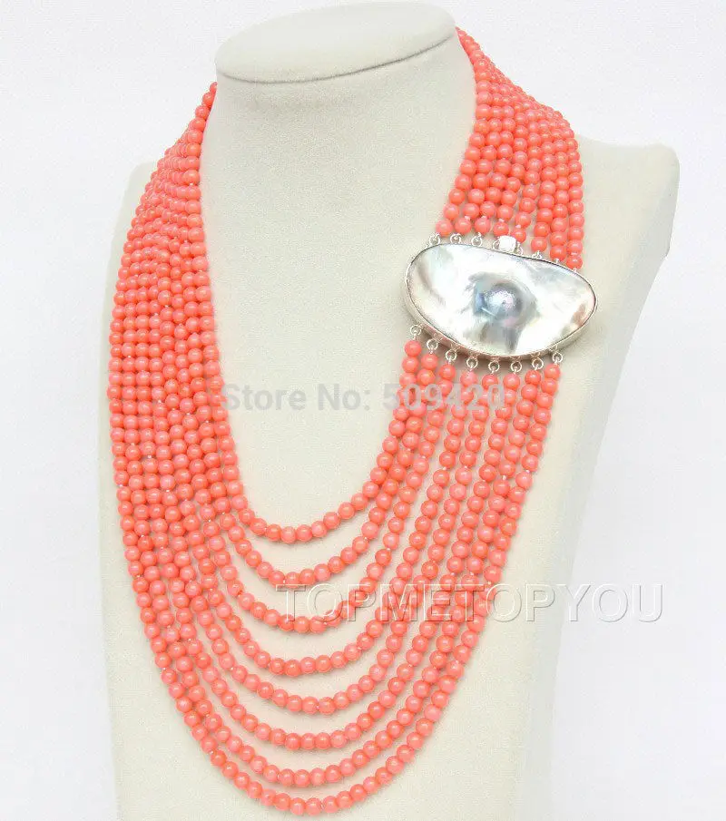 

~~ W&O655 >>Gorgeous! 8rows round pink coral necklace Mabe pearl 925SS