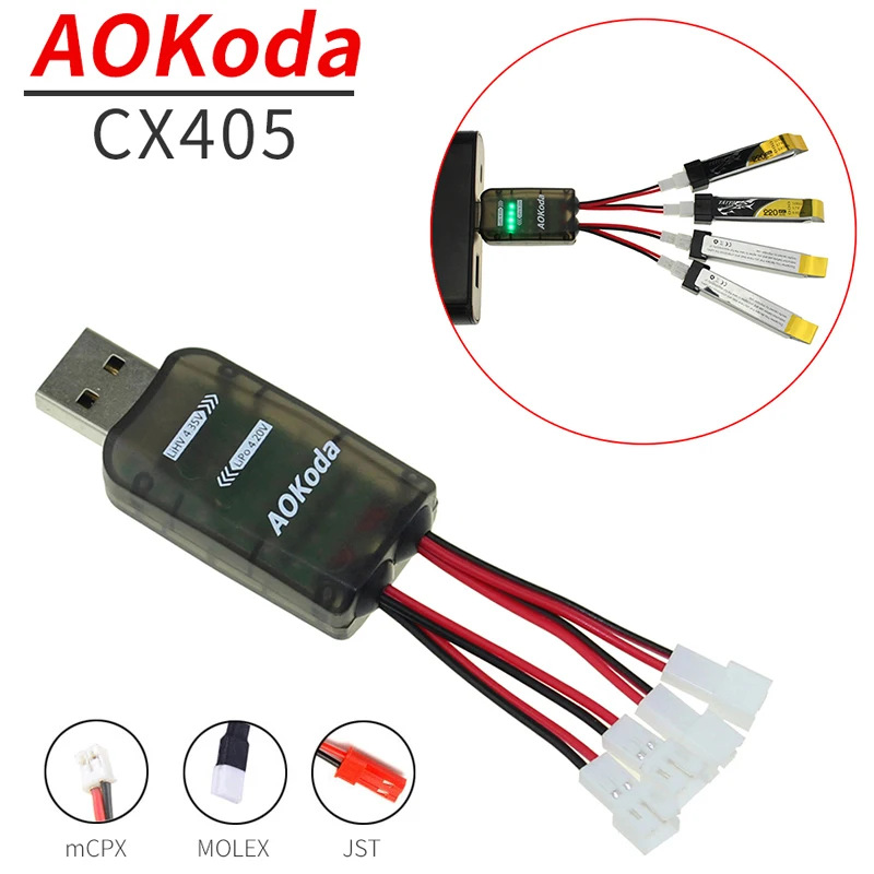 Зарядное устройство AOKoda CX405 4 канала Micro USB для 1S Lipo LiHV радиоуправляемого вертолета