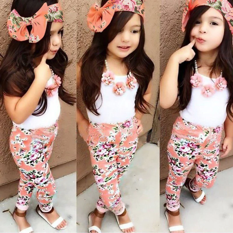 Детская футболка без рукавов для маленьких девочек топы + брюки + Цветочный принт оголовье костюм