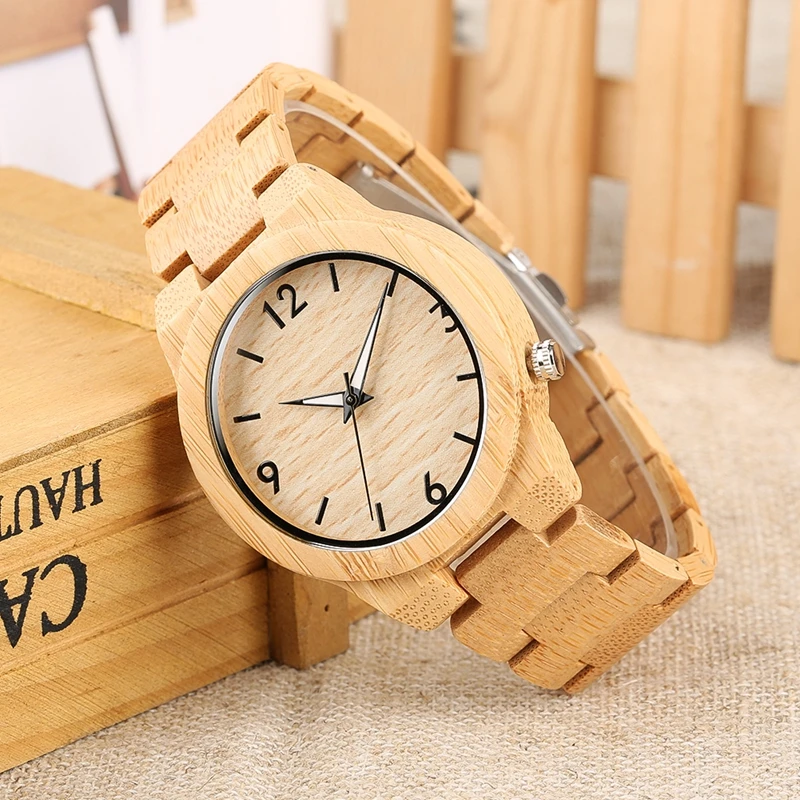 

Mens Watch Unique Luminous Pointer Quartz Wristwatch Men Full Bamboo Wooden Brecelet Natural Woody Watch Clock reloj hombre 2019