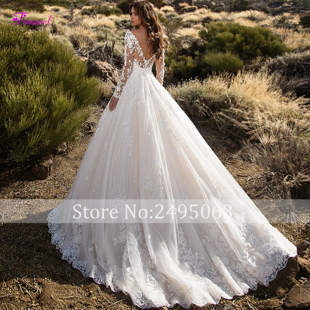 Glamorous Court Train Appliques Lace A-Line Wedding Dress 2022 Sexy Scoop Neck Flowers Long Sleeve Princess Bride Gown Plus Size wedding dresses