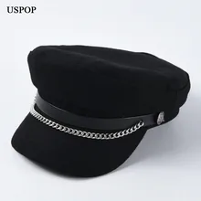 USPOP, новинка, зимние шапки для женщин, шерсть, newsboy, шапки, украшение цепи, козырек, шапки, женские, винтажные, военные шапки