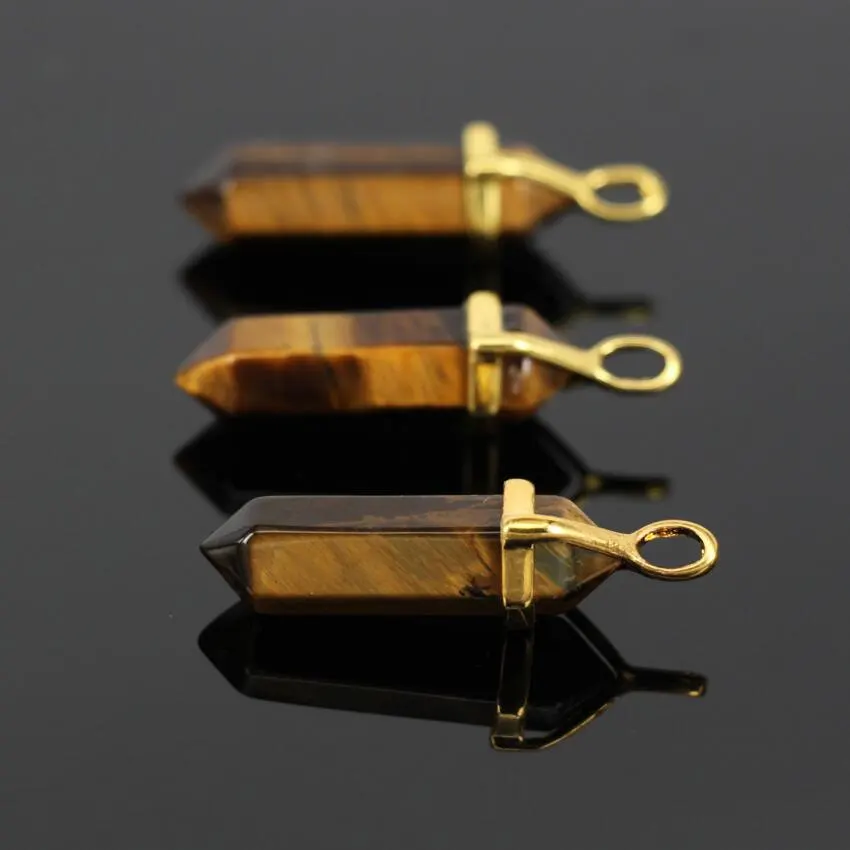 

10pcs/lot Natural Yellow Tiger eye Hexagon Point Pendant Beads,Plated Gold Pendant Faceted Stick Reiki Chakra Charm Jewelry
