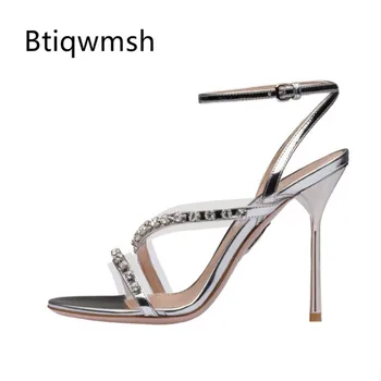

2019 Silver Gladiator Sandals Women Rhinestone PVC Narrow Band Ankle Strap High Heel Shoes Woman Sexy Party Shoes