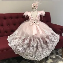 Сверкающее розовое платье принцессы кружевное платье с рукавами-крылышками и открытой спиной для маленьких девочек на день рождения, торжественные вечерние платья для выпускного вечера со шлейфом из страусиного меха