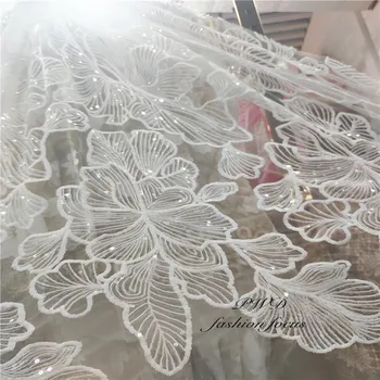 

white flower embroidered tulle mesh lace french net fabric with sequins for wedding /evening dress/haute couture