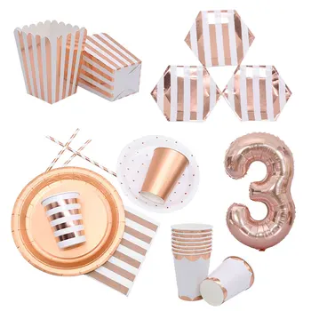 

1Set Rose Gold 1st Birthday Party Disposable Party Tableware Plates Cup Drinking Straw Napkin For Wedding Baby Shower Decoration