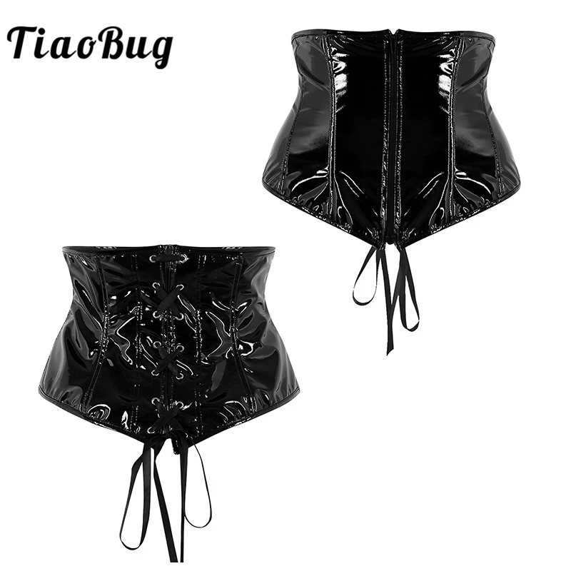 

TiaoBug Women Wet Look Faux Leather Cummerbunds Lady Punk Gothic Lace Up Zipper Wide Waist Belt Fashion Female Dress Waistbands