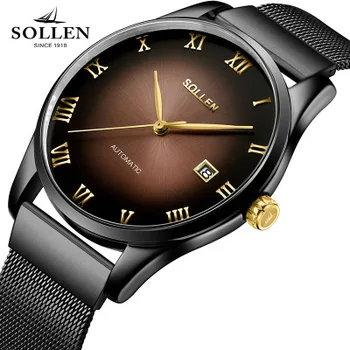 

Top Brand SOLLEN business style automatic mechanical watches men Stainless Steel Watch with Calendar Clock Men Analog WristWatch