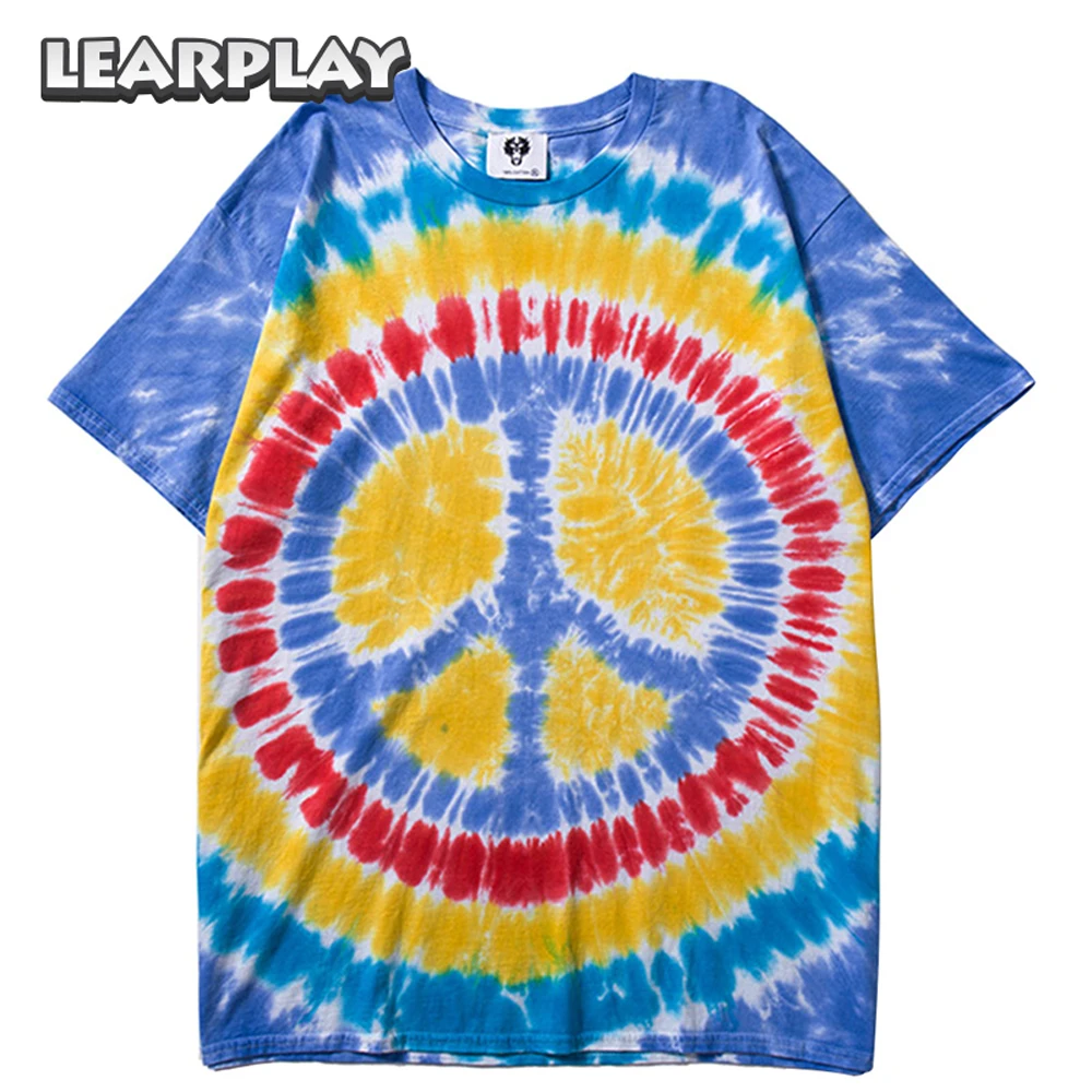 

Tie Dye Printing T-shirt 2019 Summer Cotton Short Sleeve Tee Funny Rudder Patterned Colorful Shirts Hip Hop Streetwear Men Tops