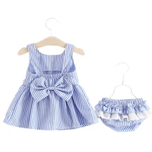 Одежда для маленьких девочек комплекты в полоску платье без рукавов с бантом+ шорты из полипропилена 2 предмета, синие и наборы розового цвета одежда для малышей bebes vestidos 3-24 мес