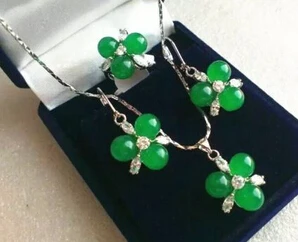 

ddh001248 Fashion 3 Green Jade Beads Flower Earrings Ring(#7.8.9)Pendant Jewelry Sets