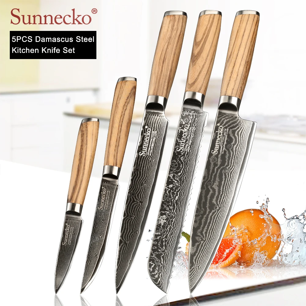 

SUNNECKO 5PCS Kitchen Knives Set Damascus Paring Utility Slicing Bread Chef Knife Japanese VG10 Steel Zebra Wood Handle Cut Tool