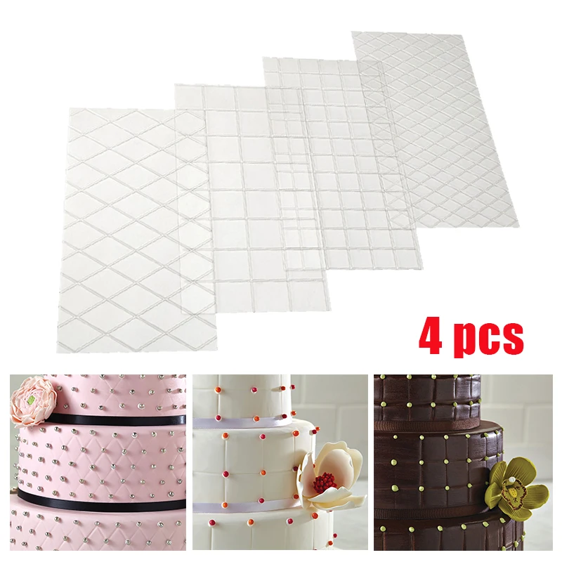 

4Pcs/Set Grid Texture Mat Printing Cake Fondant Decorating Mold Plastic Transparent Kitchen DIY Baking Tools Cake Mould