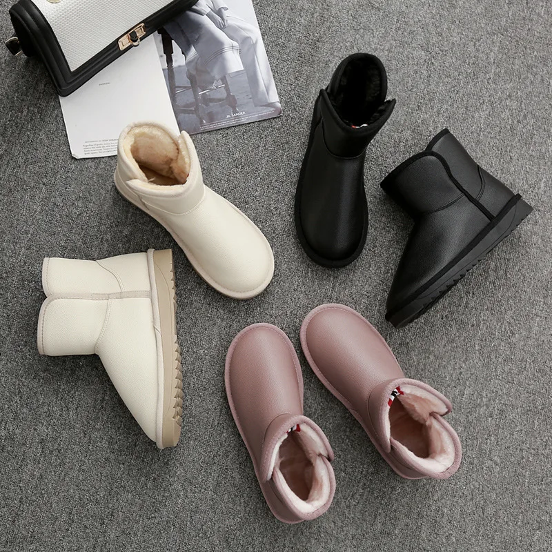 

Fashion Waterproof leather snow boots winter new short tube flat bottom plus velvet thick warm cotton shoes women short boots