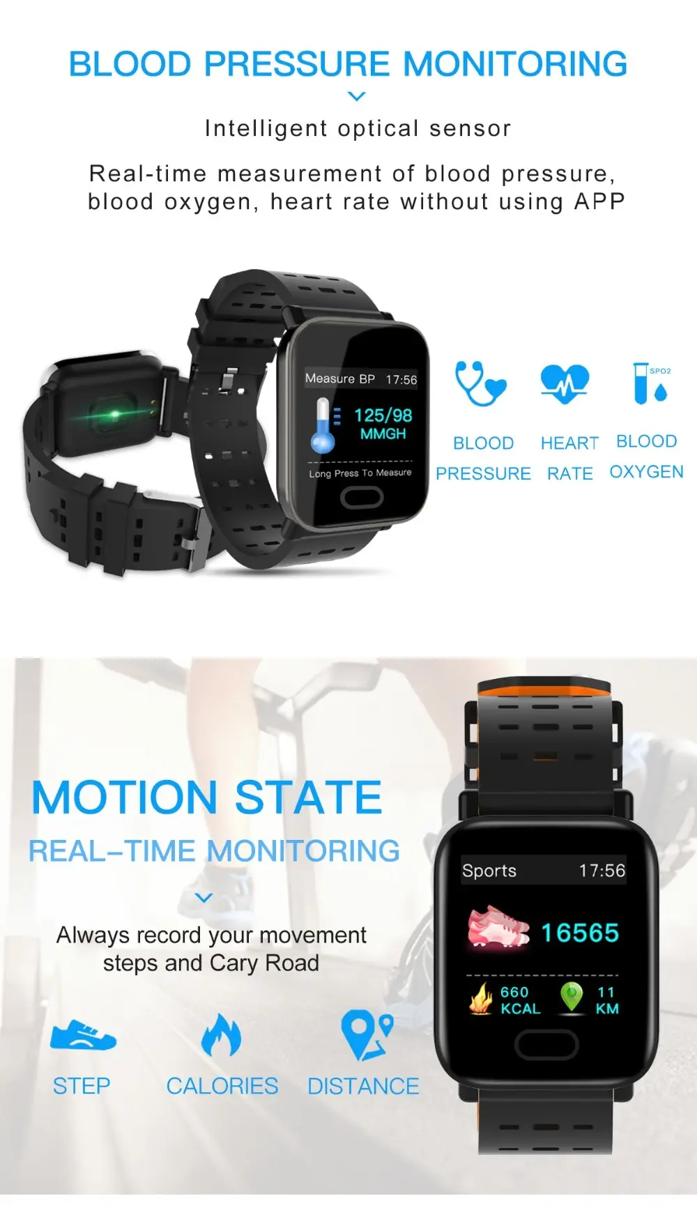 BINSSAW A6 Smart Watch with Heart Rate Monitor Fitness Tracker Blood Pressure Smartwatch Waterproof For Android IOS PK Q8 V6 S9