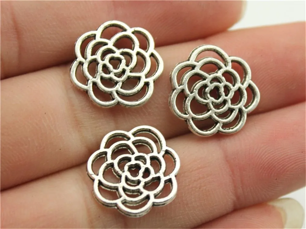 

WYSIWYG 6pcs 16mm 2 Colors Antique Silver, Antique Bronze Plated Hollow Flower Charm Flower Rose Pendant Hollow Flower Pendants