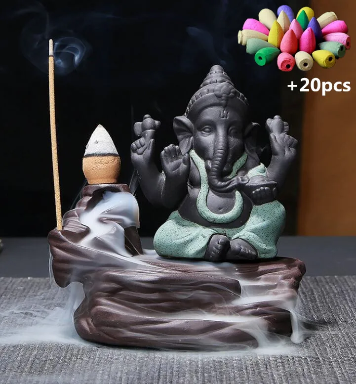 NOOLIM Ganesha горелка для благовоний с обратным потоком слон Бог эмблема благоприятный и успех керамическая конусная кадильница домашний декор с 20 шт. конусами - Цвет: Green B -Mixed