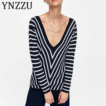 

YNZZU Striped Chic Sexy Backless Deep V Neck Knitted Sweater Women 2019 Autumn Casual Woman Pullovers Loose Female Jumpers AT303