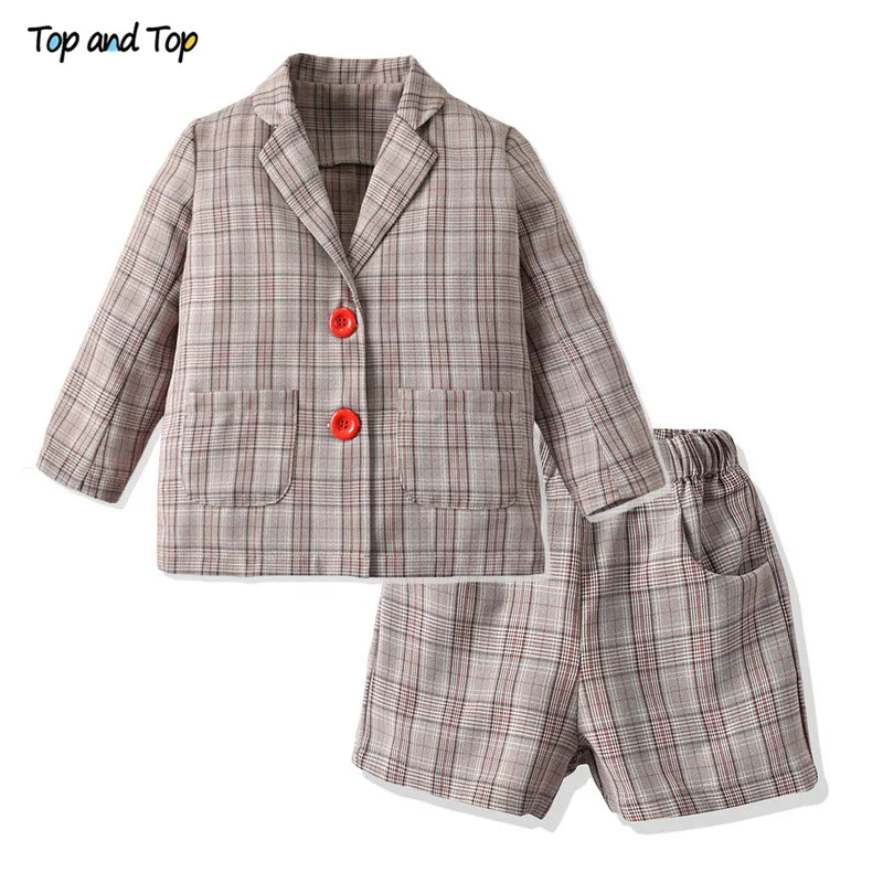 

Top and Top Fashion European and American Style Unisex Kids Clothes Jacket Top+Shorts Casual Plaid 2Pcs Set for Wedding Party