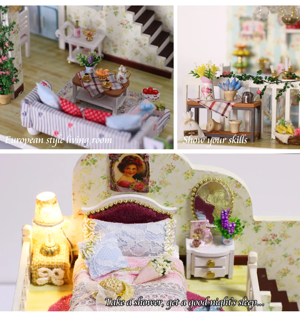 DIY Doll House Wooden Doll Houses Miniature Dollhouse Furniture Kit with Led Toys for Children Birthday Gift