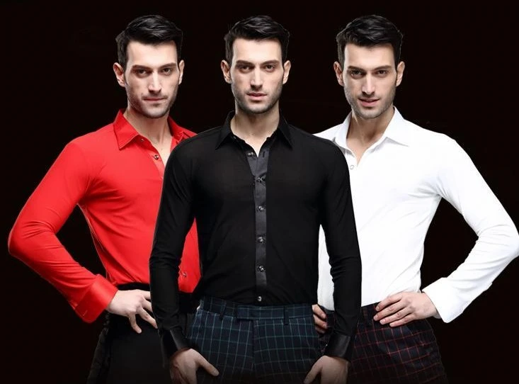 Camisetas latinas de manga larga para ropa de práctica, camisas baile latino, camisas de baile latino, camisas de baile de escenario color negro, blanco y rojo|latin dance shirt|dance