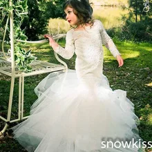 Гламурный белого/цвета слоновой кости с длинными рукавами кружева с аппликацией и юбкой-годе Бальные платья изящные с украшением в виде кристаллов Свадебные День рождения с цветочным принтом платья для девочек