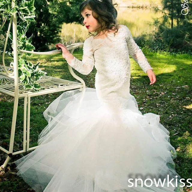 Cheap Glamorous white/ivory long sleeves lace appliques mermaid ball gowns graceful crystal wedding birthday party flower girl dresses