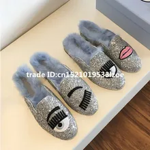 

Bling Glitter Eyes Lips Women Slippers Fur Embroidery Flats&Loafers Street Fashion Brand Choudory Women Flats Zapatos Mujer