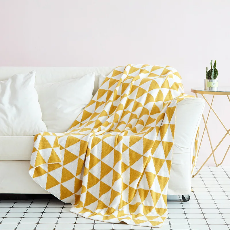

Geometric Cotton Knitted Blanket Office Nap Break Cover Blanket Children Out Stroller Blankets Throw on Bed/Sofa Grey/Yellow