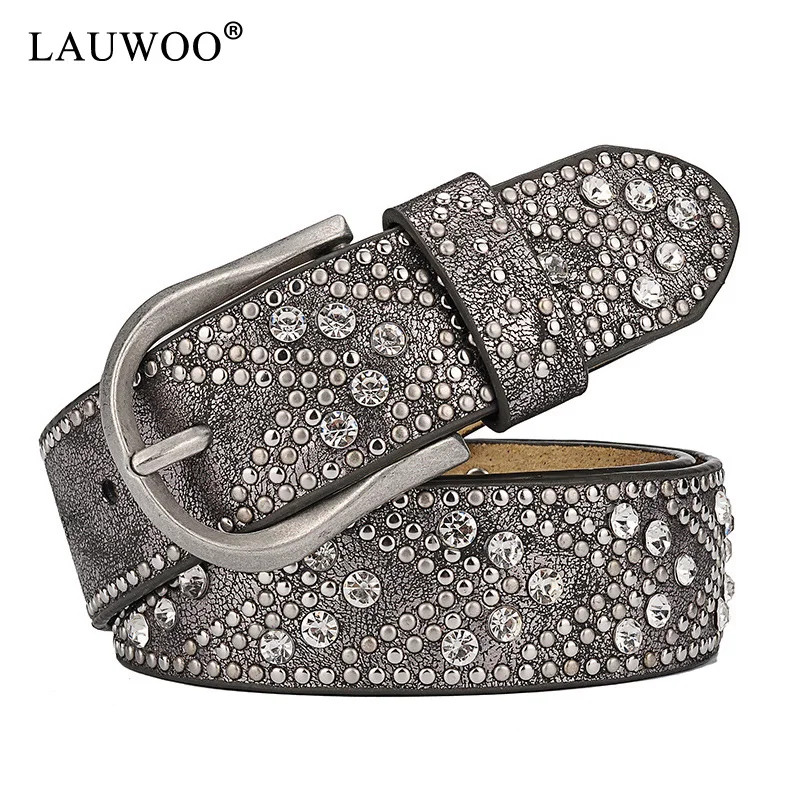 LAUWOO Cowboy Jeans belt Metal Rivet Belts For Men Leather