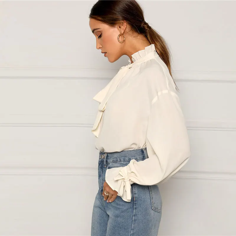 1549865663904887981  - HTB11U87boLrK1Rjy0Fjq6zYXFXaZ - SHEIN Ruffle Tie Pescoço E Folho Luva Partes Superiores Das Senhoras Blusa Mulheres Primavera Gola Sólida Elegante Workwear Tops E Blusas
