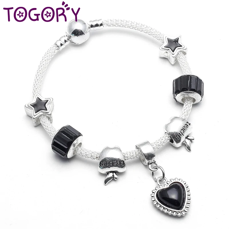 

TOGORY Elegant Jewelry Gift Charm Bracelet Fashion Glamour Hot Silver Color Love Heart Pendant Pandora Bracelet for women Gift