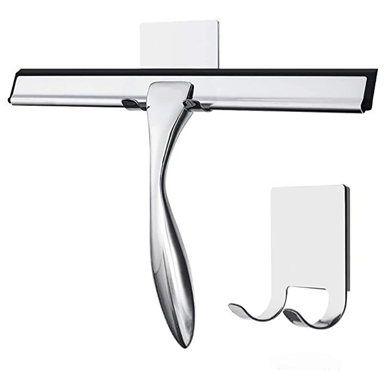 

Shower Squeegee with Strong Adhesive Holder Hooks Stainless Steel Glass Squeegee Window Squeegee for Bathroom Kitchen Car Glass