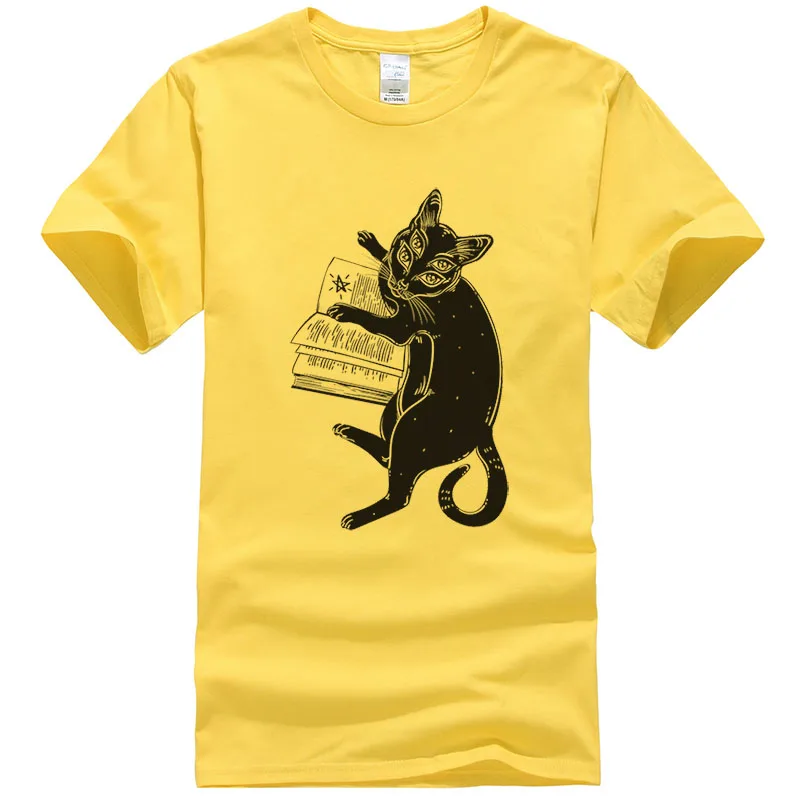 

Smart black boho four eyed demon magic cat reading the necronomicon book T Shirt Men Women Cotton Tops Cool Tees Unisex T490