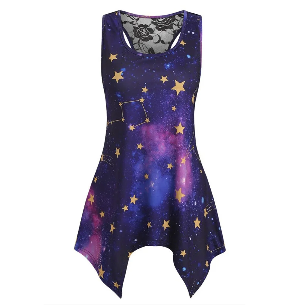 

Summer Women Tank Top Sun Starry Sky Printed Sleeveless Lace Hollow Casual Camisole Ladies Vest Tank Tops T-Shirt Blouse