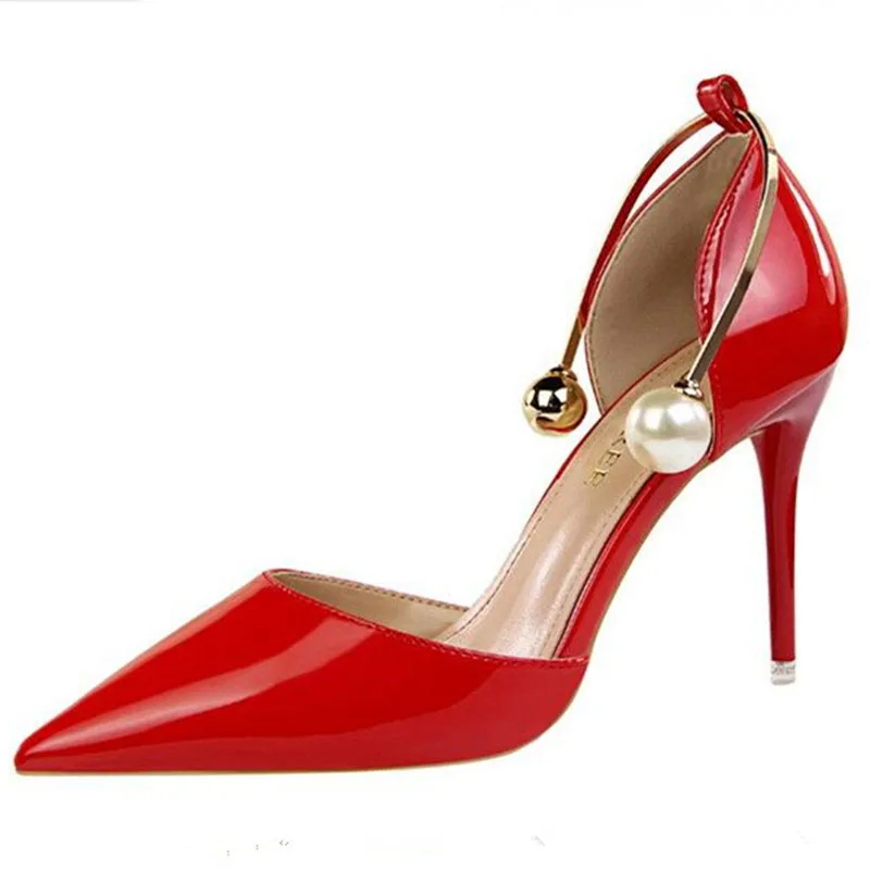 

QPFJQD Pointed Toe Patent Leather Heels Party Shoes Fashion Pearl Buckle Sandals Ladies Pumps Thin Heel Brand Shoes Woman Sexy