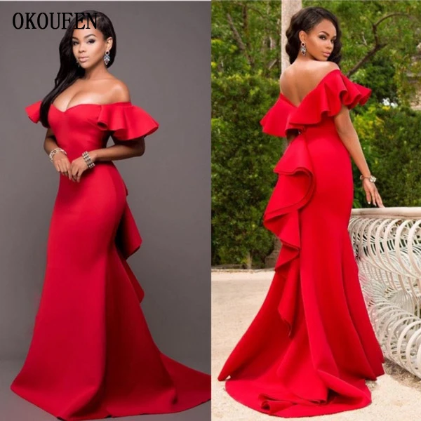 Gorgeous Red Off Shoulder Prom Dresses 2017 Satin Backless Mermaid Evening Gowns Saudi Arabia Ruched Sweep Train Formal Party Dress 副本