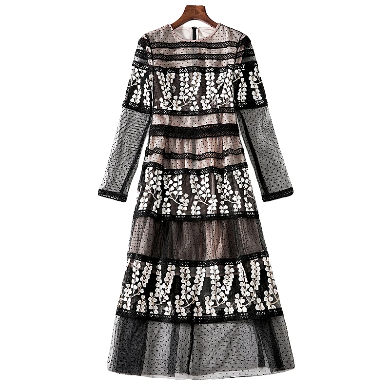 

XF 2018 High Quality Fashion Designer Runway Summer Dress Women Round Neck Mesh Dot + Floral Embroidery Cascade Dress