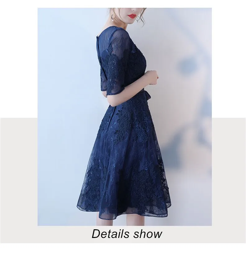 Robe de soiree, темно-синее кружевное короткое вечернее платье с круглым вырезом, vestido de festa, платья для выпускного вечера, вечернее платье, индивидуальный заказ