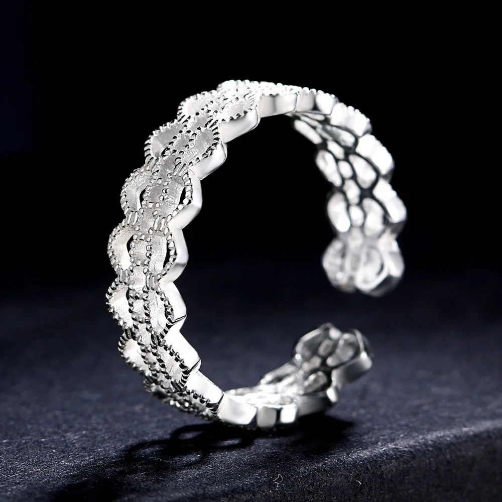 Double Fair Creative Lace Heart Design 100% 925 Sterling Silver Rings S925 Adjustable Open Ring For Women Party Gift DFRY025