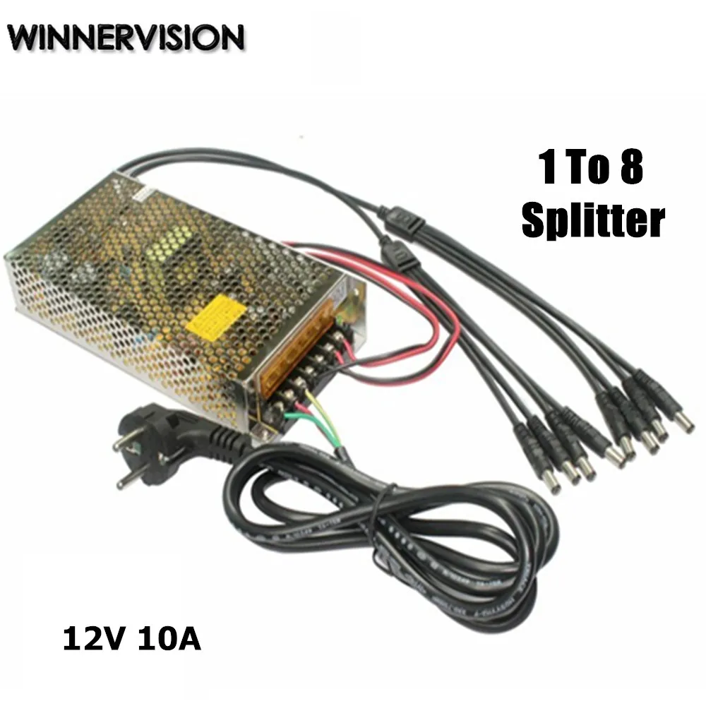 

12V 10A 120W Switching Power Supply Driver AC110V-220V 8CH CCTV Power Box with 1pc 1 to 8 Splitter Cable for Security cameras