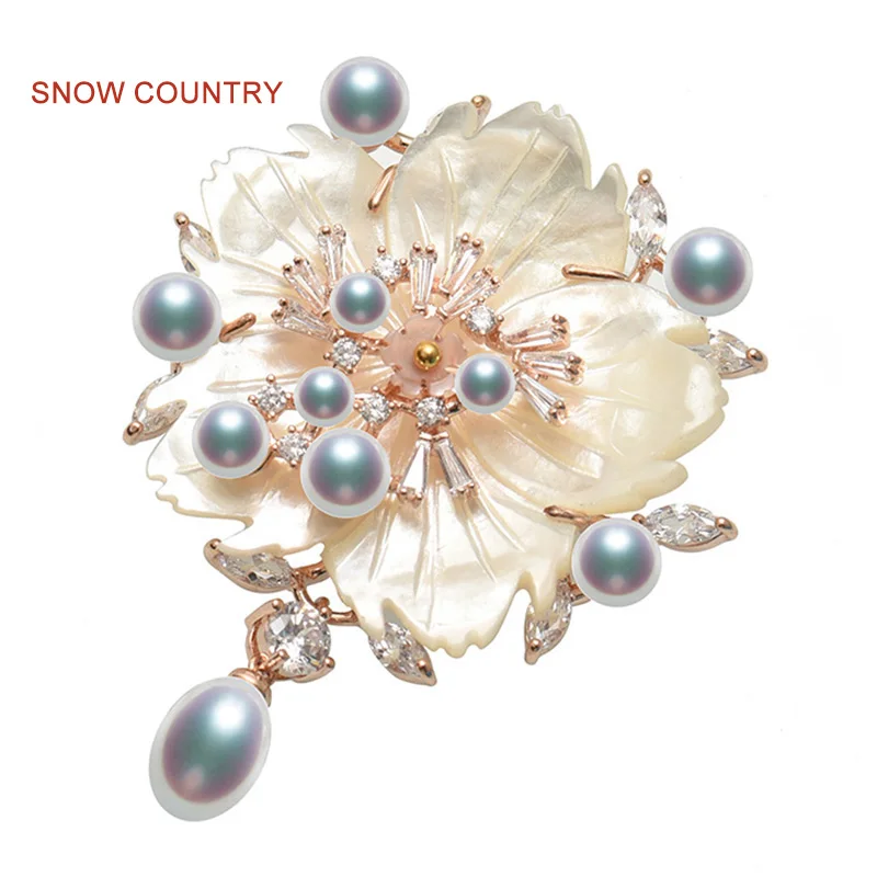 

SNOW COUNTRY High Luster 4-8mm Button And Drop Shaped Natural Freshwater Pearl Brooche Gift for Women Factory Outlet