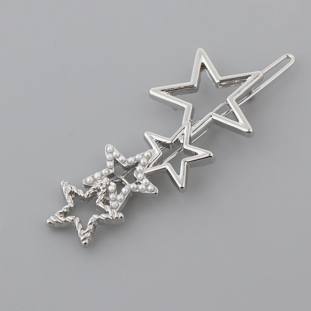 Women Girls Retro Alloy Hair Clip Star Shape Pearls Slide Hairclip Hair Pin Party