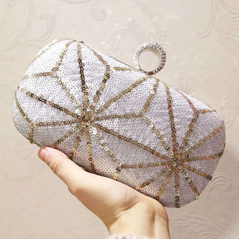 Luxury Glitter Sequins Nude Silver Evening Bag Wedding Fashion Party
