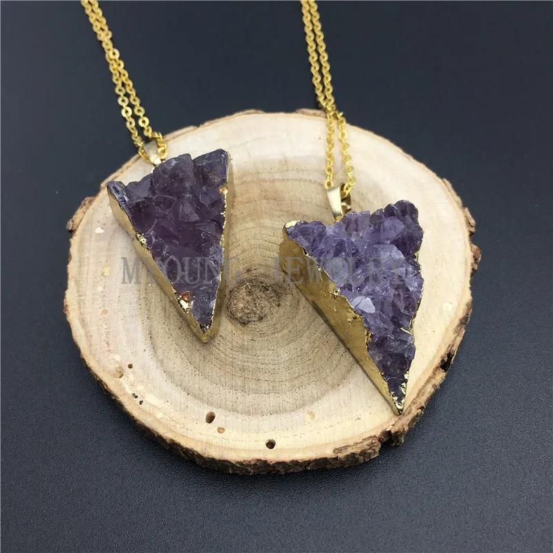 MY0863 Triangle Purple Crystal Druzy Stalactite Slice Pendant Amethysts Cluster Connector Necklace With Gold Color Chain (2)